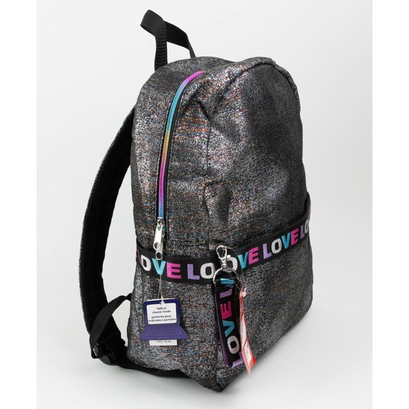 Claire's NWT Multicolor Shiny 15" LOVE Multi-Pocket Backpack w/ Laptop Sleeve - Picture 1 of 10